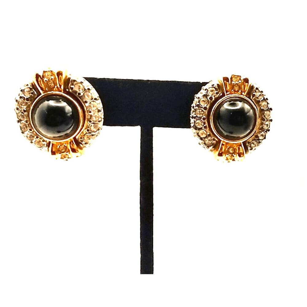 Jesara Vintage Gold Black Glass Cabochon Statement Clip On Earrings - Picture 5 of 10